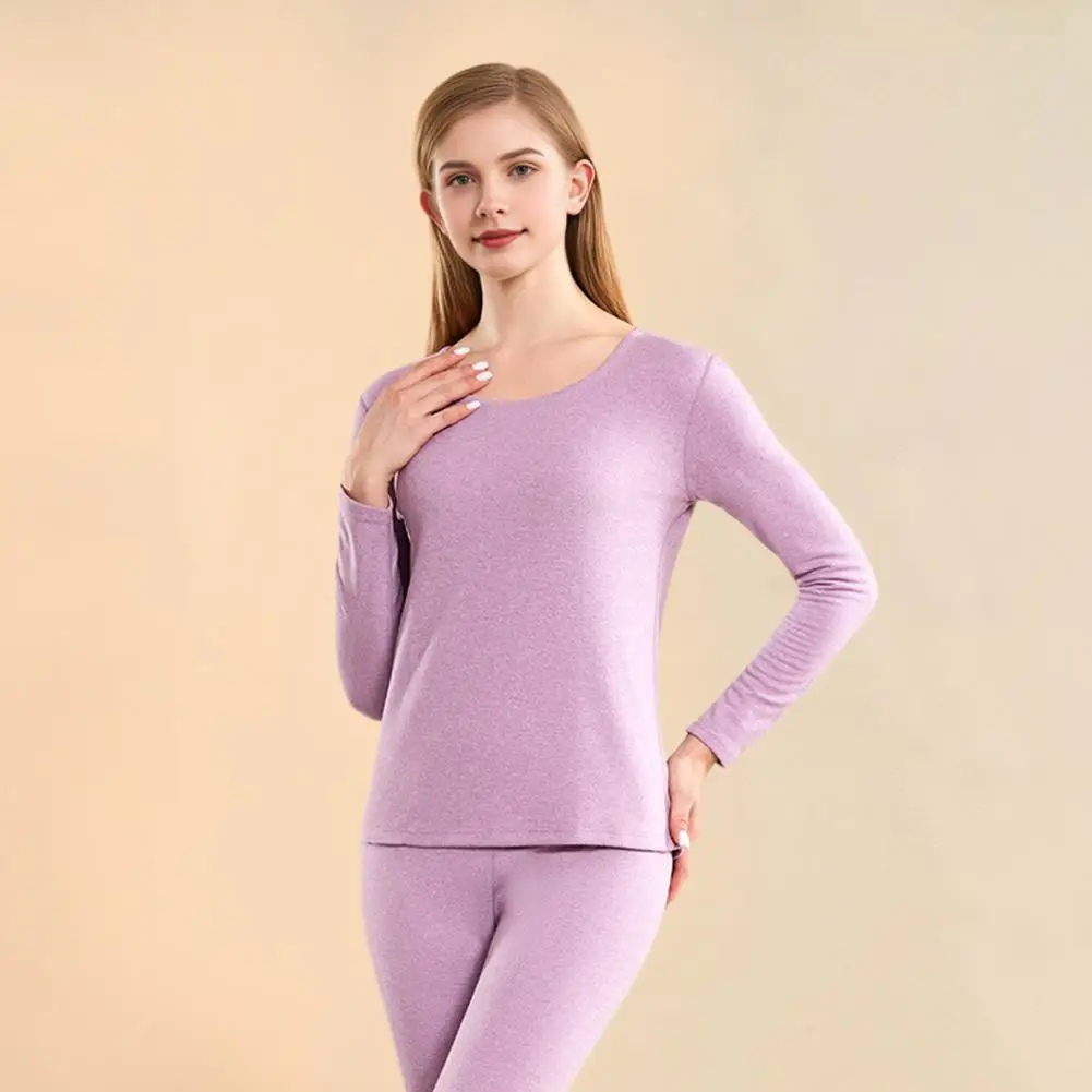 Solid Color Thermal Wear Women's Winter Thermal Underwear Set Cozy Round Neck Long Sleeve Pajamas Slim Fit Sports for Weather