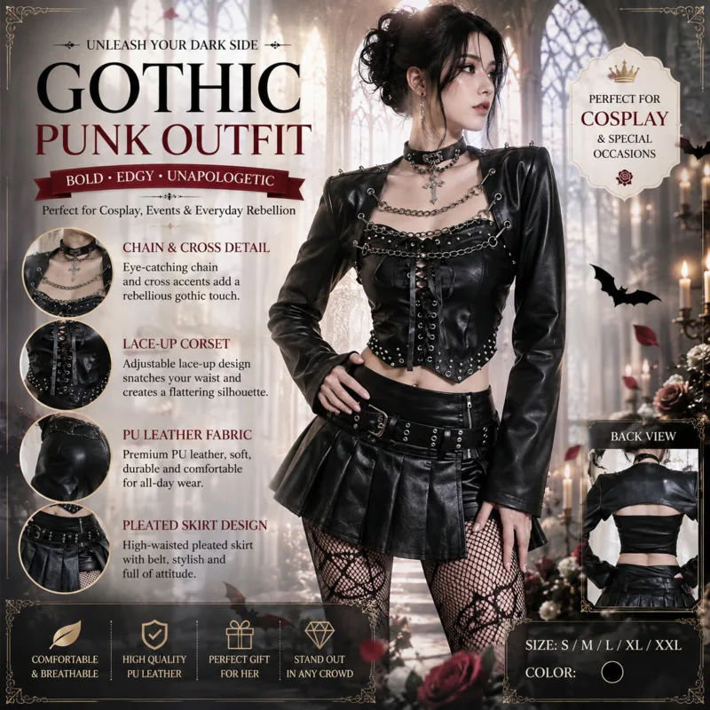 Punk Gothic Jacket Black Y2K Faux Leather, Detachable Chain Corset Top, Streetwear Spiked Crop Coat Women Autumn Fashion Tee Top