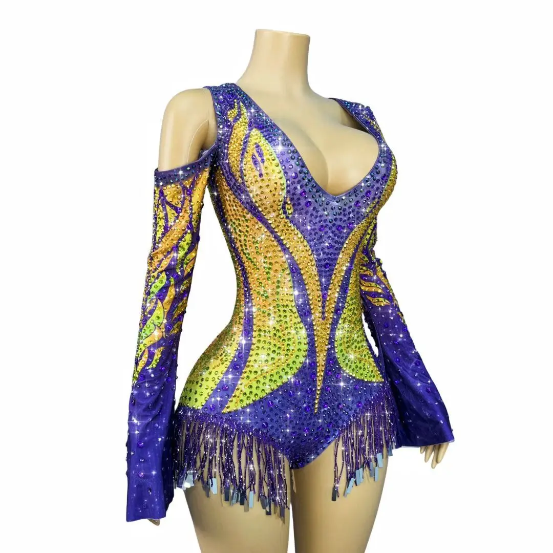 Jinju Tuta da donna con frange di strass colorati lucidi Sexy scollo a V al largo della spalla Costume da spettacolo teatrale per ballerino da bar da discoteca
