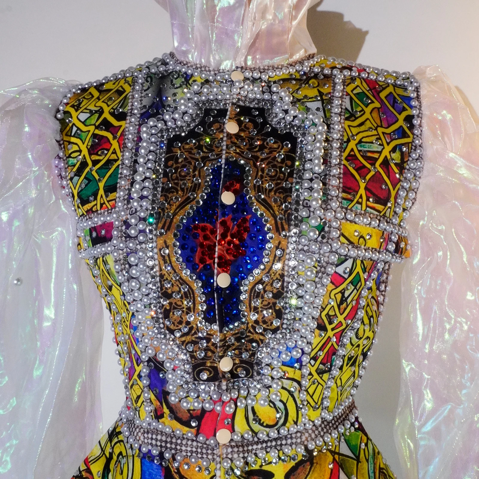 Mulheres puff manga pérola impressão jaqueta shorts conjunto strass bodysuit vintage sexy boate drag queen festival festa traje