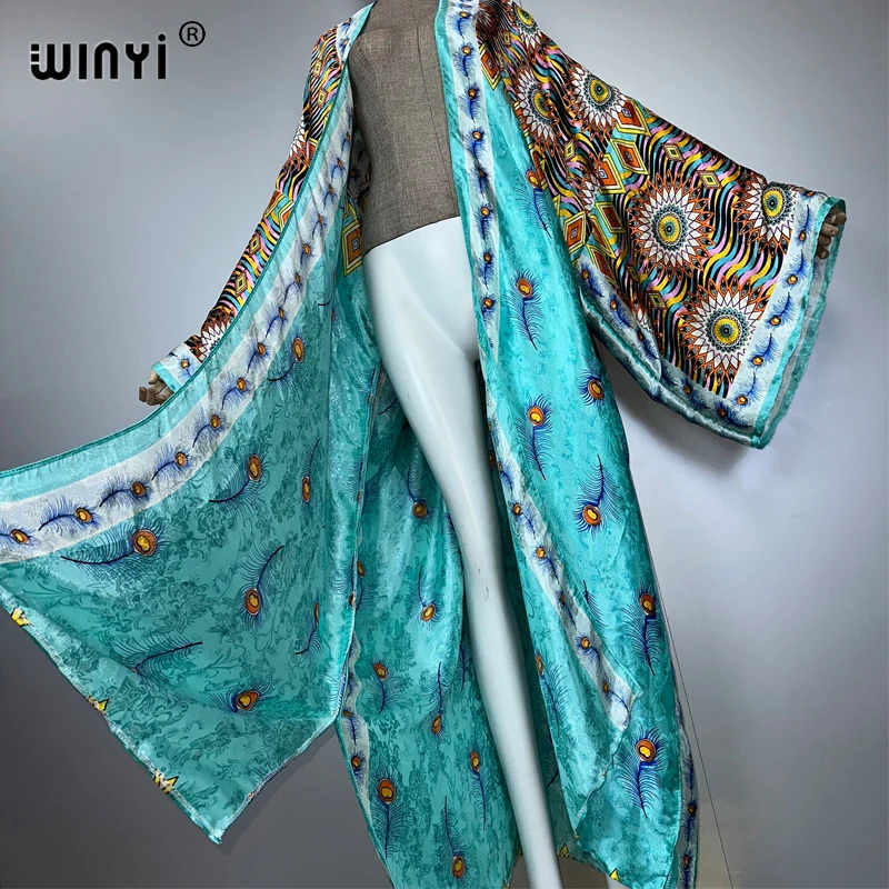 WINYI แอฟริกา boho พิมพ์ชุดกิโมโนชุดยาวผู้หญิงมุสลิม Cardigans ชุดชายหาด kaftan beach cover up party dress maxi coat