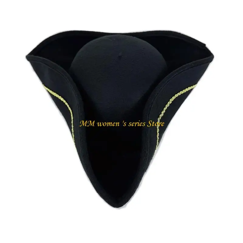 Q39C Victorian Piratenhut mit goldgenähtem Weichstätten Tricorn für Kostümpartys Vintage Adult Kostümzubehör