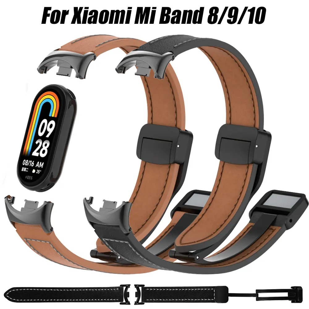 سوار نسائي لـ Mi Band 9 10 حزام من الجلد السيليكون المغناطيسي Correa لـ Xiaomi Mi Band8 سوار معصم نحيف ملحقات الفرقة العتيقة