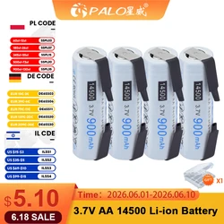 PALO 14500 900mAh 3.7V Li-ion Rechargeable Batteries With Welding Taps AA Battery Lithium Cell for Led Flashlight Headlamps