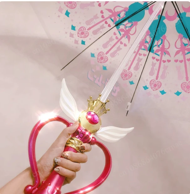 Paraguas de Sailor Moon con Diseño de Princesa Anime, Luminoso, Pintado a Mano, con Varita Mágica de Sakura, Transparente