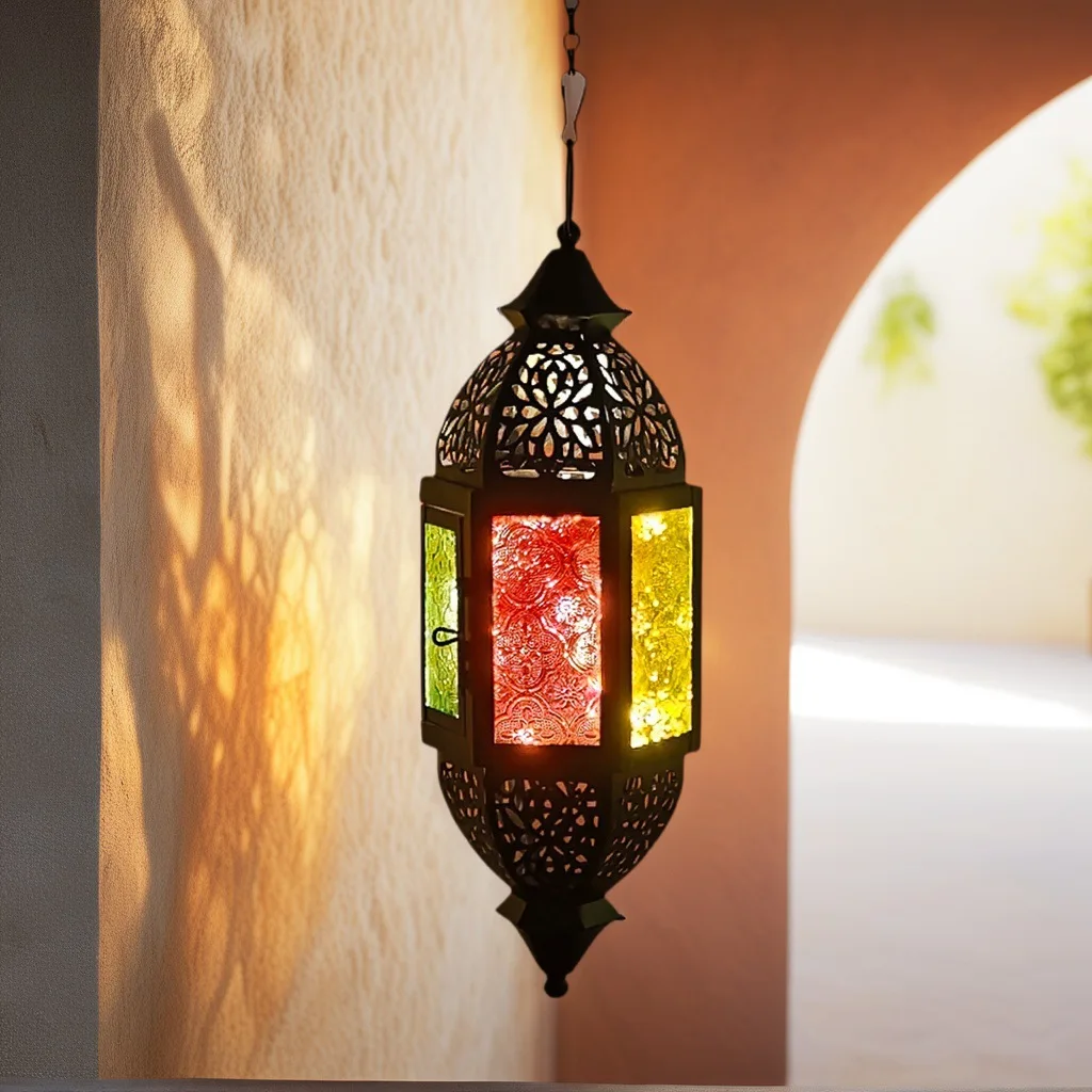 Moroccan Color Embossed Glass Wrought Iron Wind Lamp Middle Eastern Style Candle Holder Vintage Metal Candle Holder