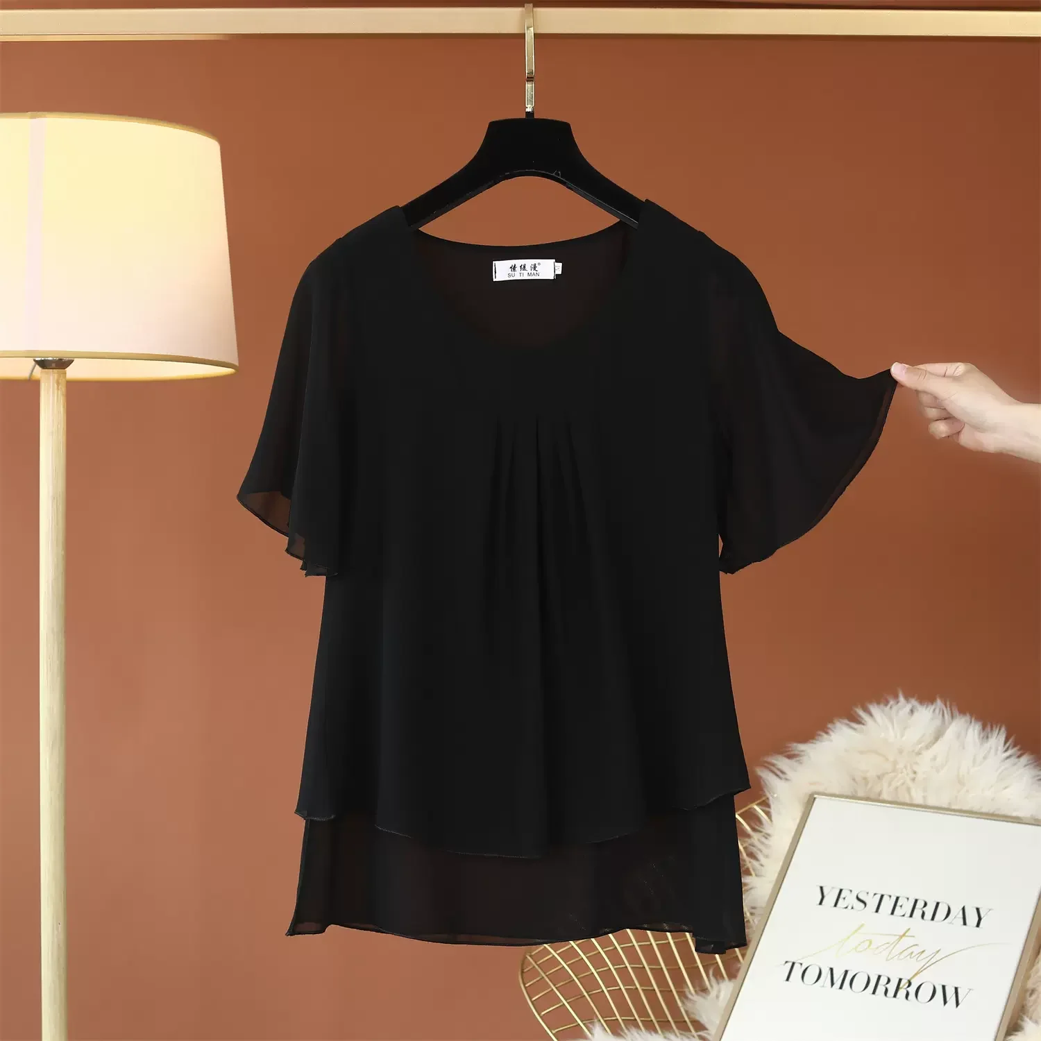 Banerdanni Summer New Fat Mm Short-sleeved Shirt To Cover The Belly Sleeveless Chiffon Shirt To Wear A Large Size Female Blouse