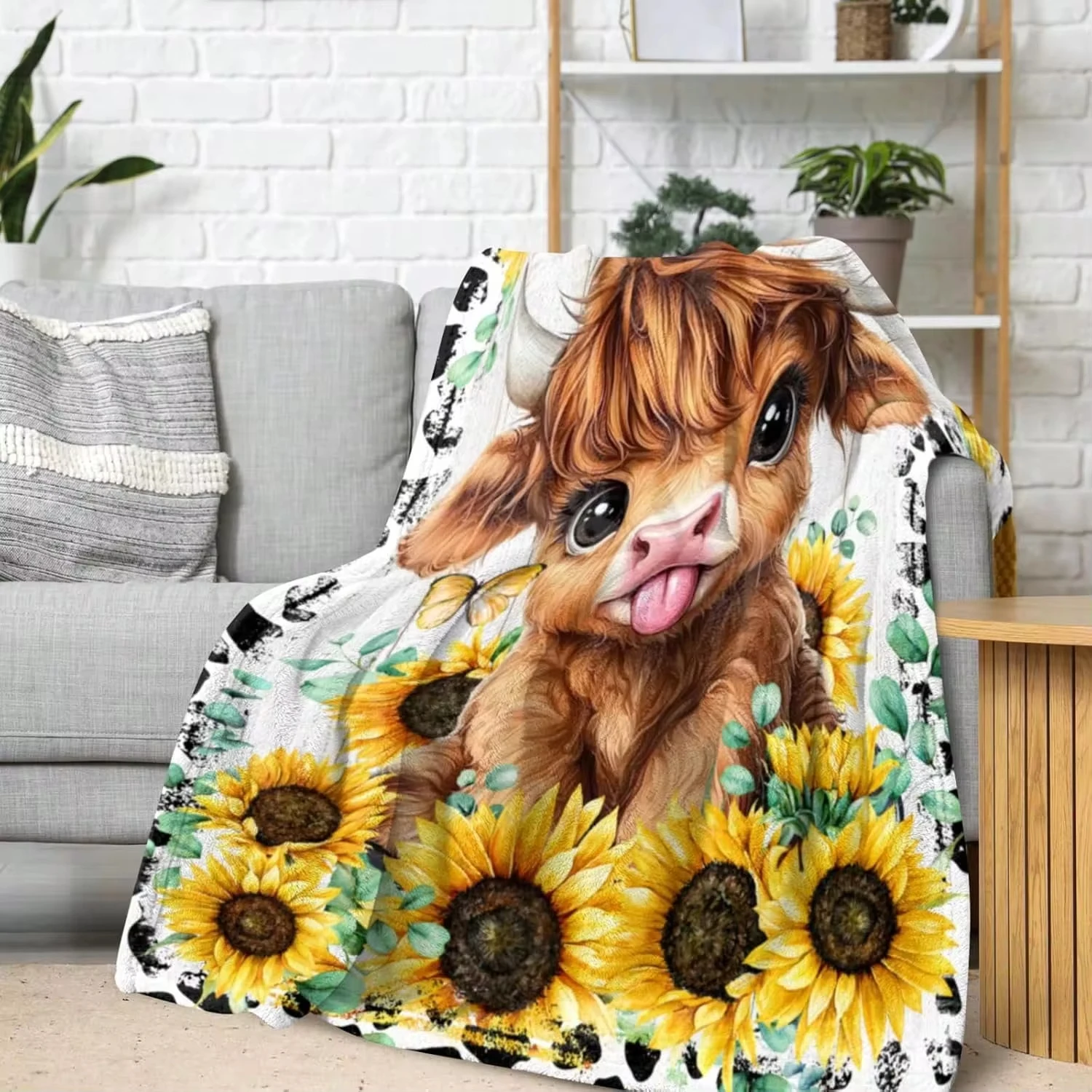 Blanket Throw Highland Cow Print Baby Cow in Bucket Wildflower Flannel Blanket Oil Painting Pattern Sofa Bedroom Indoor Decor