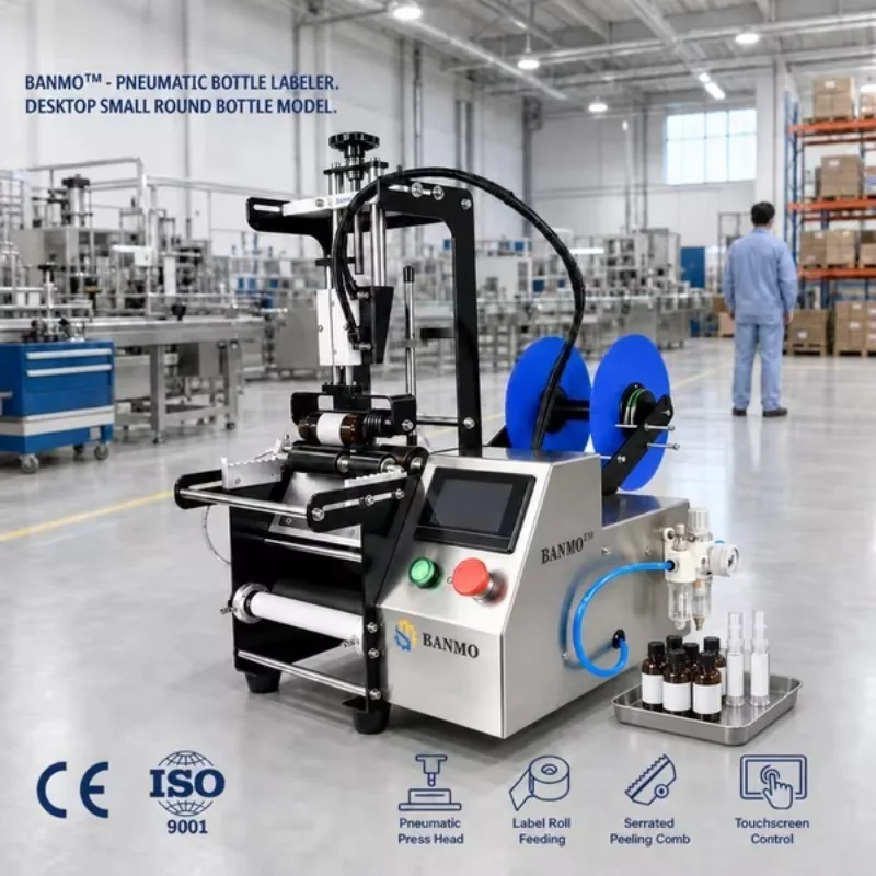 Pneumatic Desktop Small Round Bottle Labeling Machine Touchscreen Control Label Roll Feeding Adjustable Roller Positioning