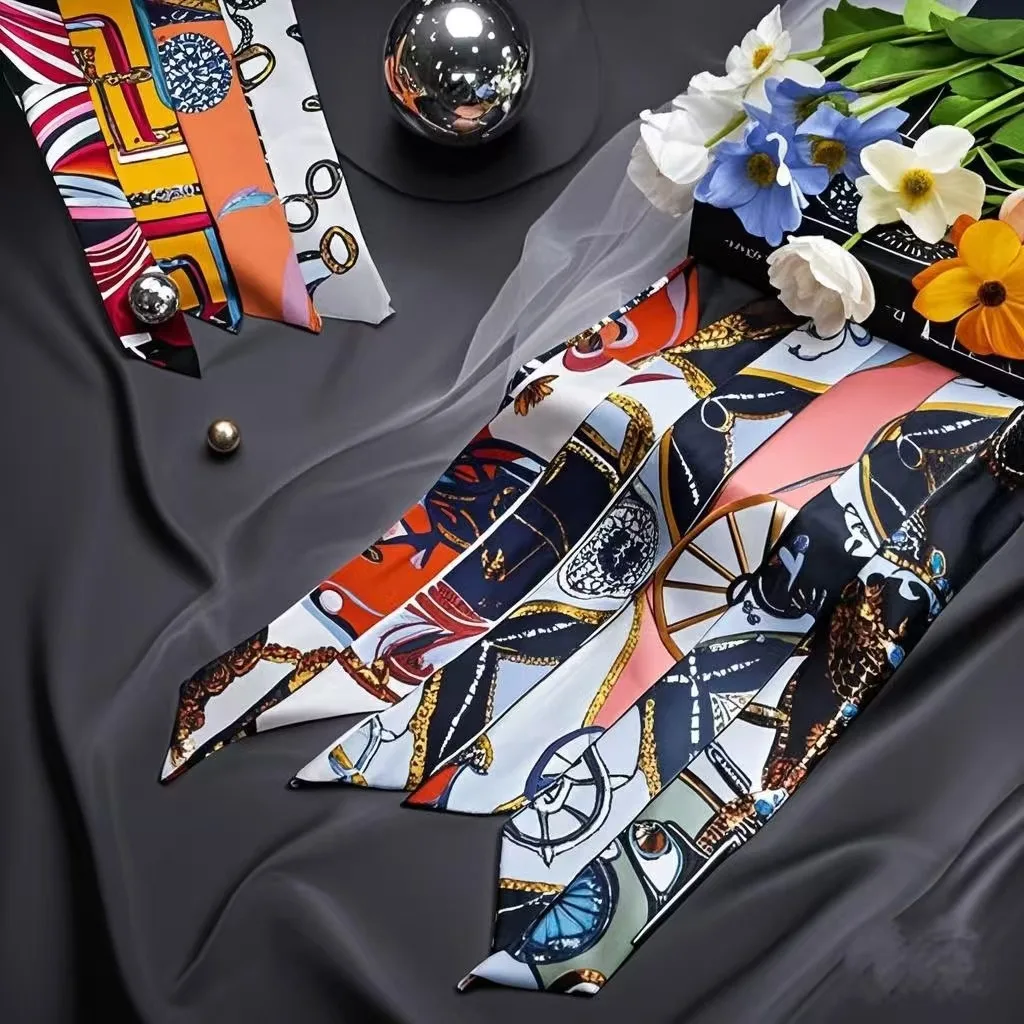 جديد طباعة زهرة وشاح صغير للنساء مقبض حقيبة أشرطة العلامة التجارية موضة وشاح الرأس صغير طويل نحيل الأوشحة بالجملة رباطات #3