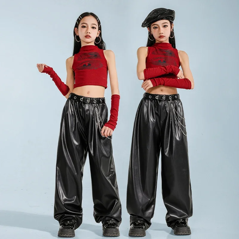 Meninas k-pop vermelho colheita topos camisa dança de rua calças de couro do plutônio crianças hip hop streetwear criança jazz topo menina grupo roupas conjunto