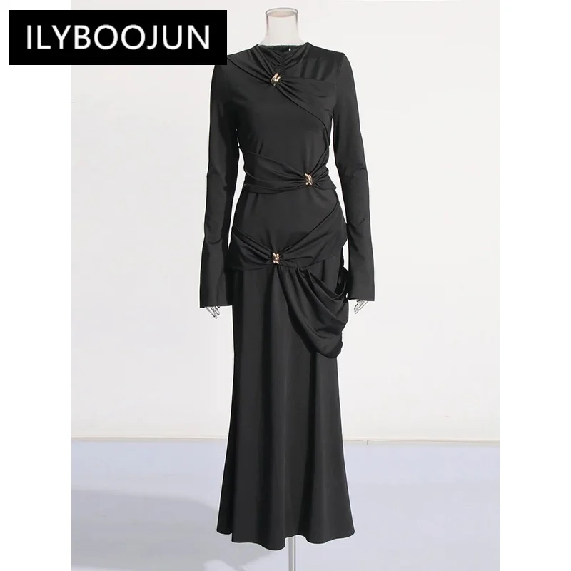 ILYBOOJUN Solid Patchwork Folds Chic Dress For Women O Neck Long Sleeve High Waist Spliced Zipper Elegant Dresses Female New