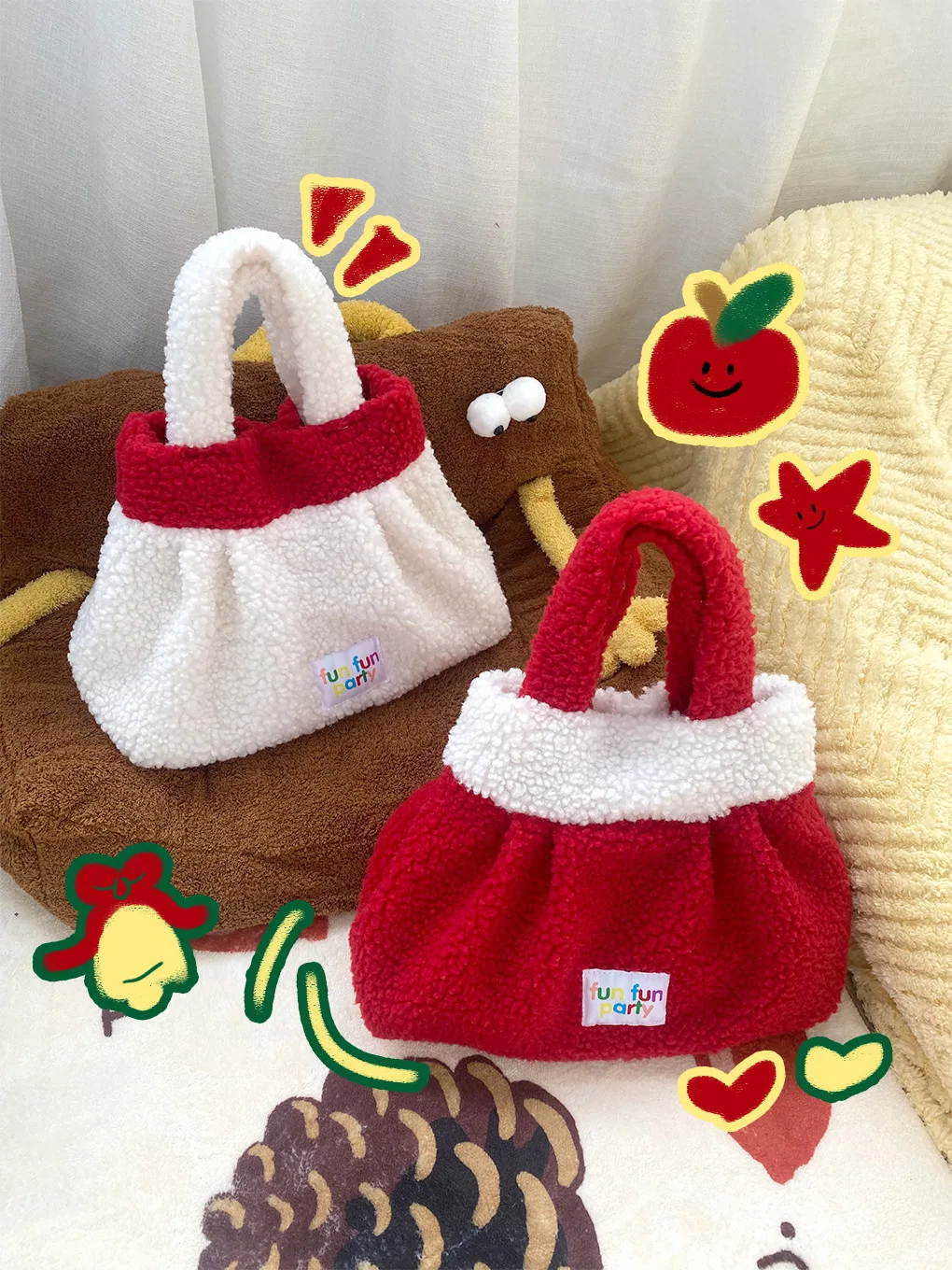 Cute Plush Handbag for Christmas New Year, Lucky Bag, Big Red Lamb Hair, Parent Child Bag, Autumn and Winter Collection