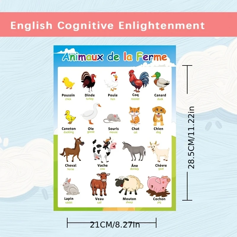 8 ملصقات من المفردات الفرنسية والإنجليزية، مع الرسوم التوضيحية الملونة للحيوانات والأغذية والفواكه، تتميز بـ 240 كلمة فرنسية