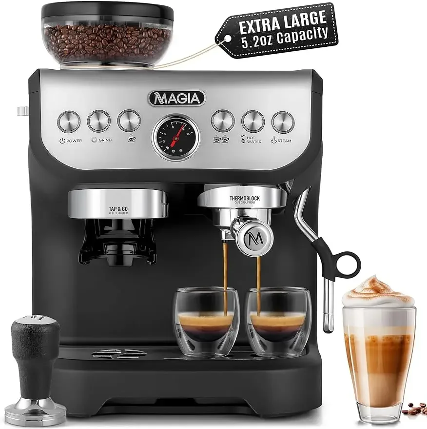 

Magia Manual Espresso Machine with Grinder and Milk Frother 15 Bar Pressure Pump Cappuccino Machine Latte Machine