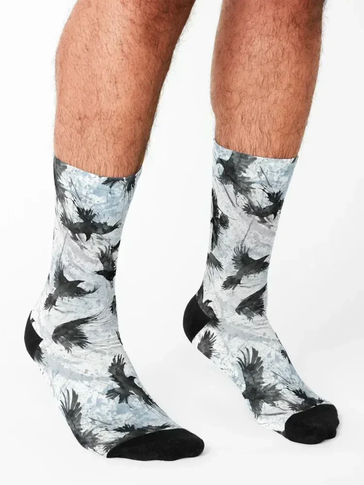 الغربان على الألوان المائية، الغربان الجوارب الملونة مجنون الرجبي الشتاء الدافئ الرجال الجوارب النسائية #3