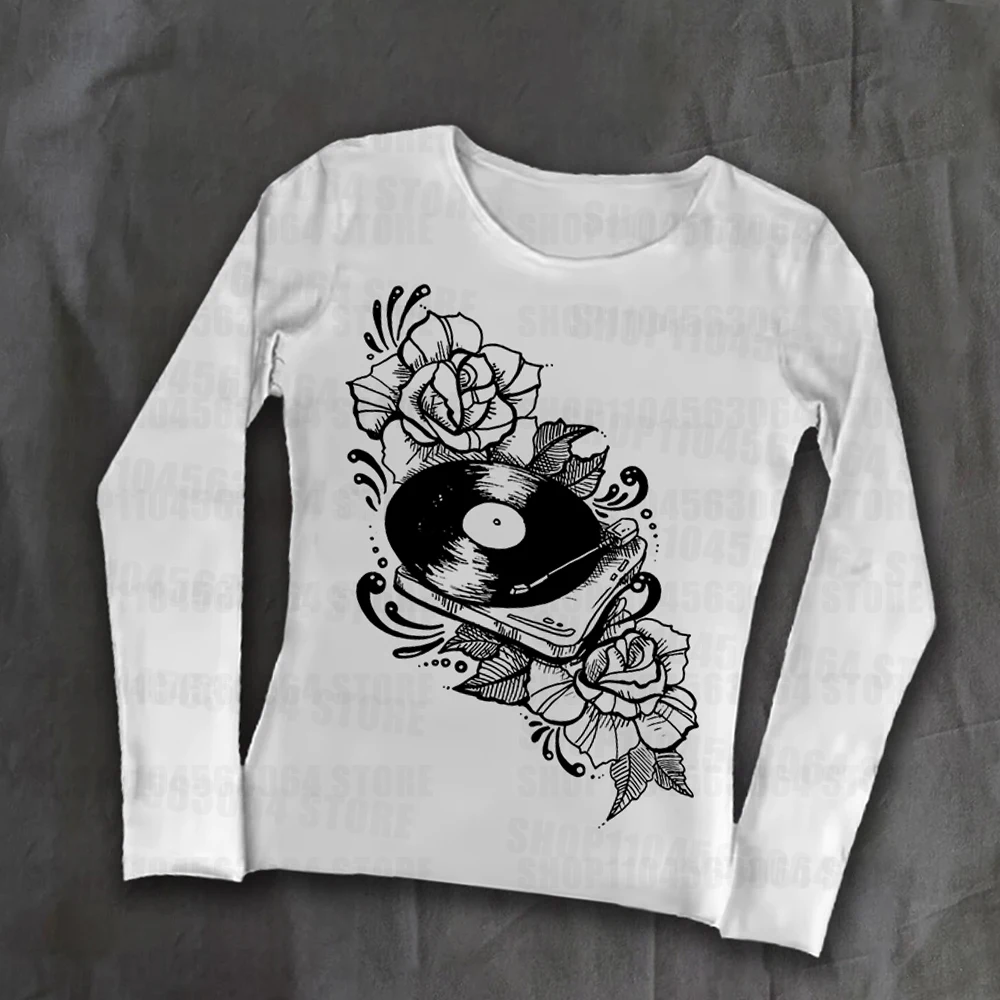 Y2K الجرونج سايبر مول القوطية تي شيرت مع نمط الجمجمة مطبوعة بلوفر بأكمام طويلة للنساء 90s الرجعية الجمالية تي شيرت
