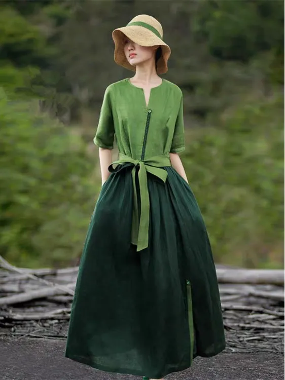 Elegant Cotton Linen Women's Dress Vintage Slimming Long Skirt Commute Style Short Sleeve round Neck A-Line Shirt Dress