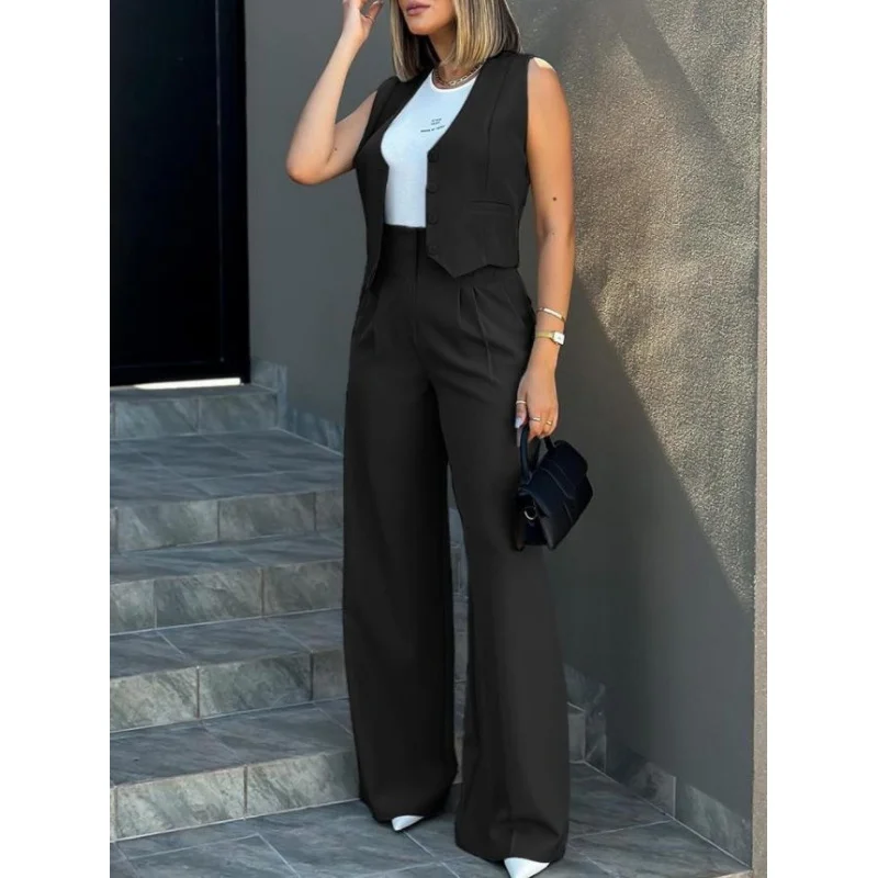 2024Europe and America Cross Border Foreign Trade New Fashion Suit Vest Jacket Wide Leg Pants Casual Suit