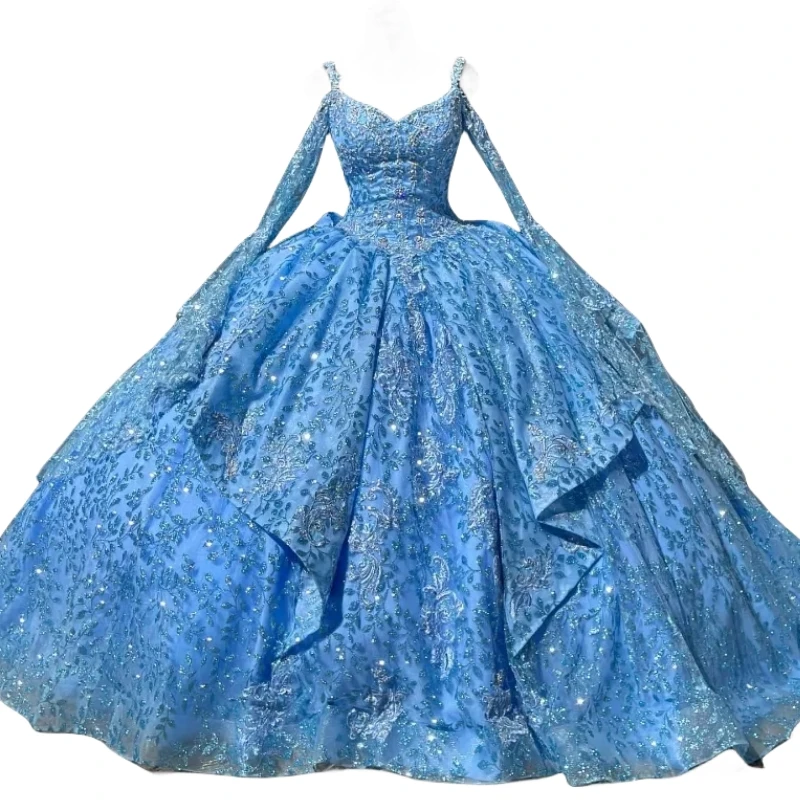 Echtes Bild himmelblau Frauen Ballkleider Ballkleid Langarm Spitze Party Anlass tragen vestidos de 15 años quinceañeras moderno