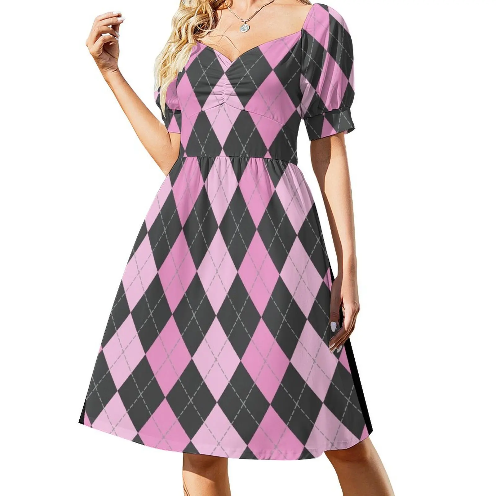 Pink and Gray Argyle Pattern Short Sleeved Dress women's clothing trend 2025 Evening dresses Dress