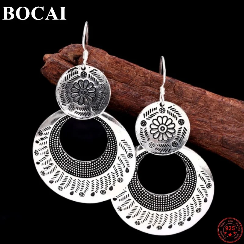 

BOCAI 100% S925 Sterling Silver Drop Earrings for Women New Fashion Sunflower Pattern Ear-drop Jewelry Free Shipping