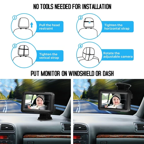 Imagen 2 del producto Espejo para coche de bebé 1080p con cámara, pantalla IPS de 4,3 pulgadas, función de visión nocturna, ancho ajustable