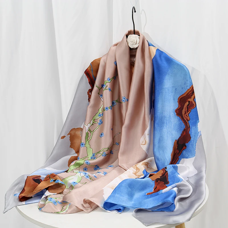 2025 Oil Painting Style Silk Satin Scarf Women Fashion Luxury Design Printed Scarf Spring New Sunscreen Warm Shawl Floral Stoles