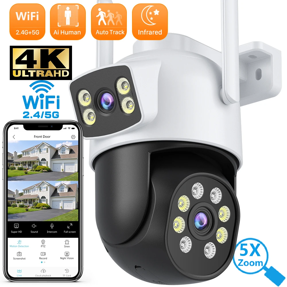 8MP/10MP  2.4G+5G WiFi PTZ Surveillance Camera  Dual Lens Real-time intercom Human Detect Smart Alert 4K Outdoor Security Camera