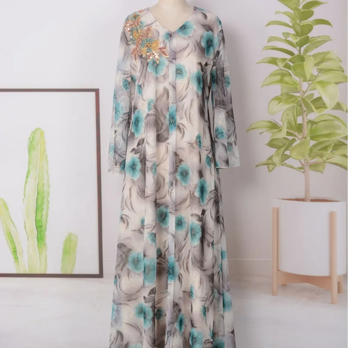 

Women Dubai Abaya Turkey Arabic Islamic Clothes Printed Muslim Dress Muslim Evening Dress Long Sleeves Robe Mariage Musulmane