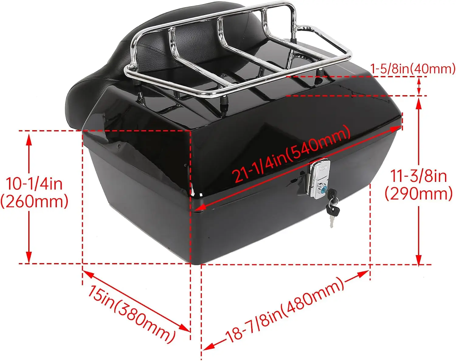 Black Motorcycle Luggage Trunk Compatible with Harley Honda Yamaha Suzuki Cruiser Tour Tail Box Top Rack Backrest