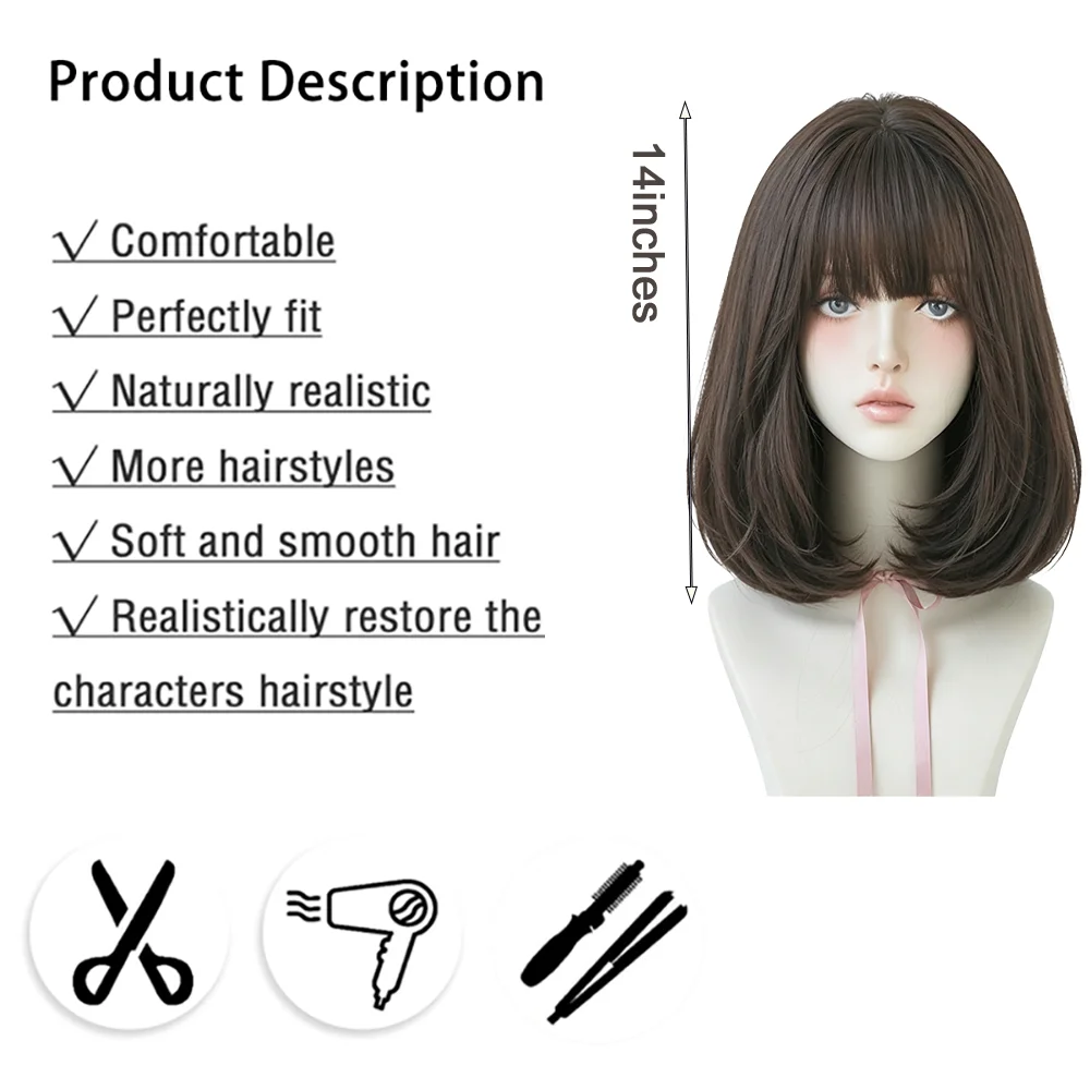 Sweet Lolita Bob Short Wig Dark Brown Natural Inward Air Bangs Synthetic Heat Resistant Hair For Women Daily Halloween Party