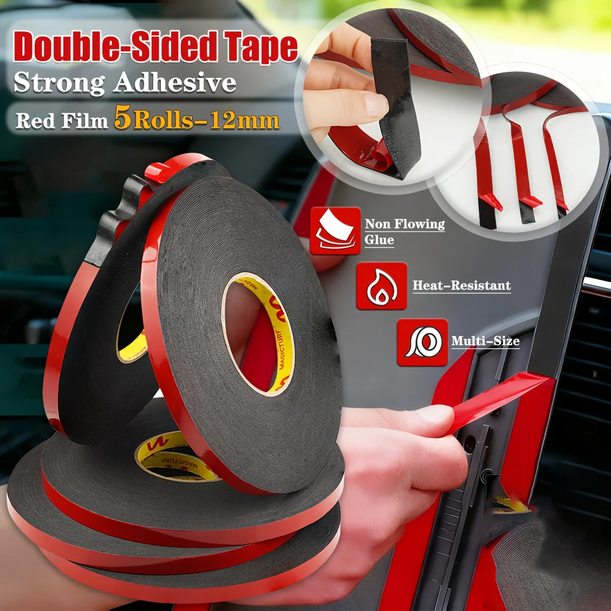5Pcs Strong Double Sided PE Tape Roll, Self-Adhesive No Residue, Heavy Duty Mounting Tape for Car Home Office