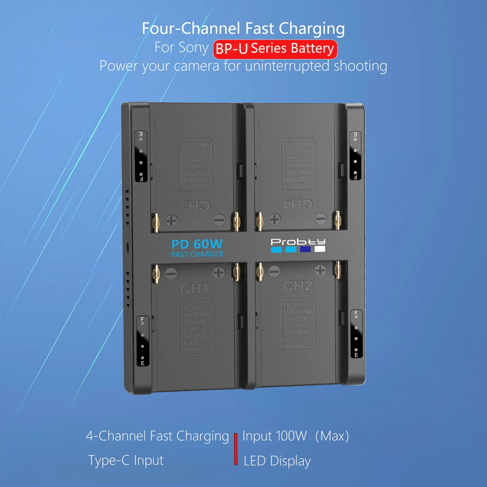 Probty PD60W Cargador rápido para baterías Sony BP-U Series para cargador de batería Sony BP-U30/BP-U35/U60/U90