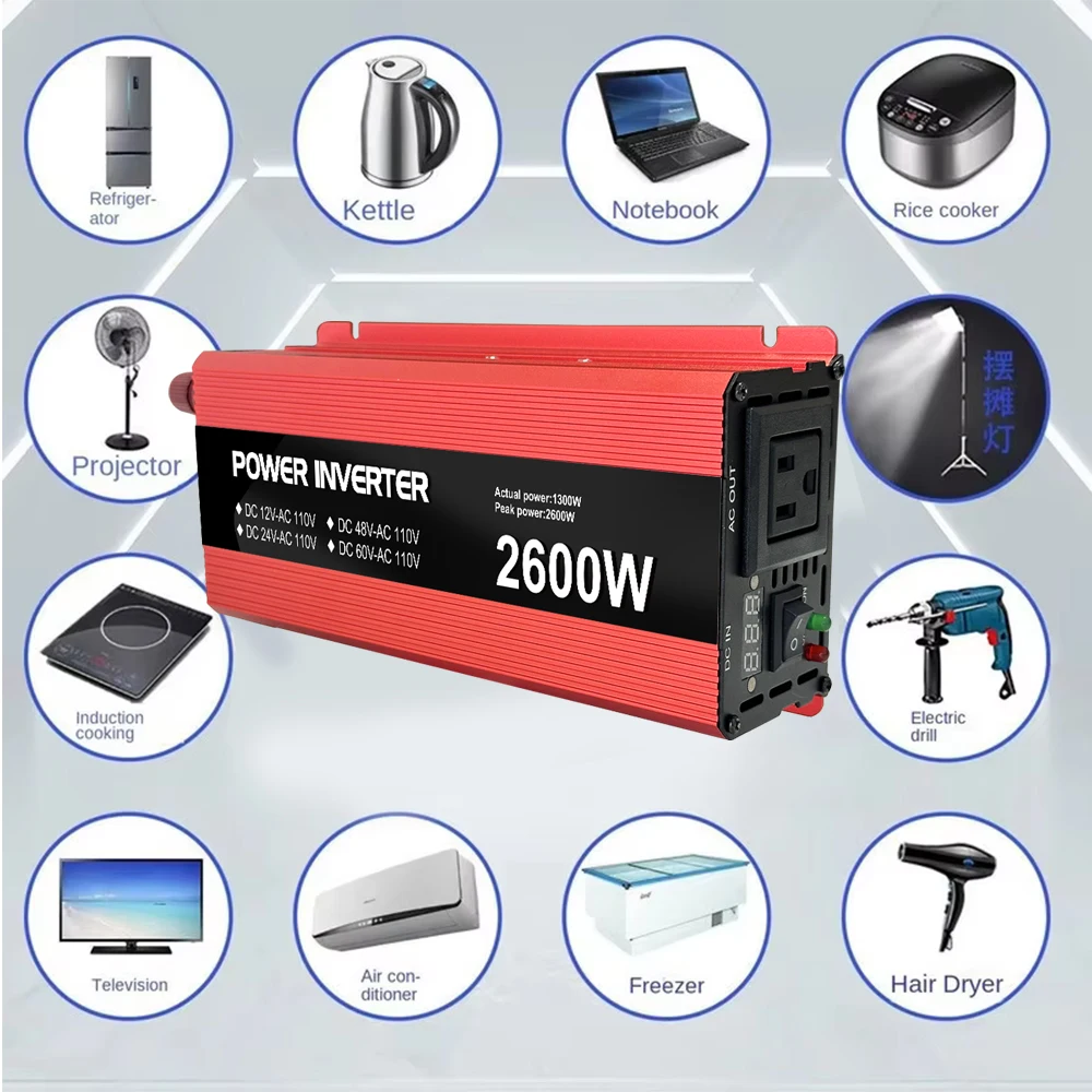 12V 24V 48V 60V zu 110V 220V 230V 1600W-2600W Spitzenleistungs-Wechselrichter-Adapter-Konverter EU-Stecker Auto-Wechselrichter