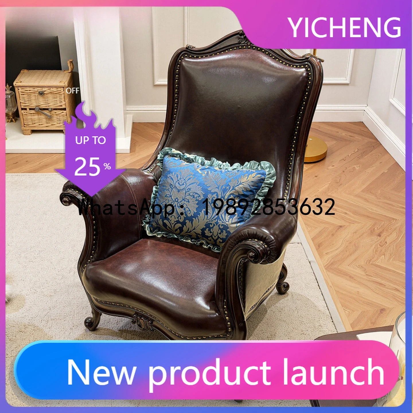 

Hys mahogany genuine leather casual chair living room all solid wood single sofa chair retro study desk chair
