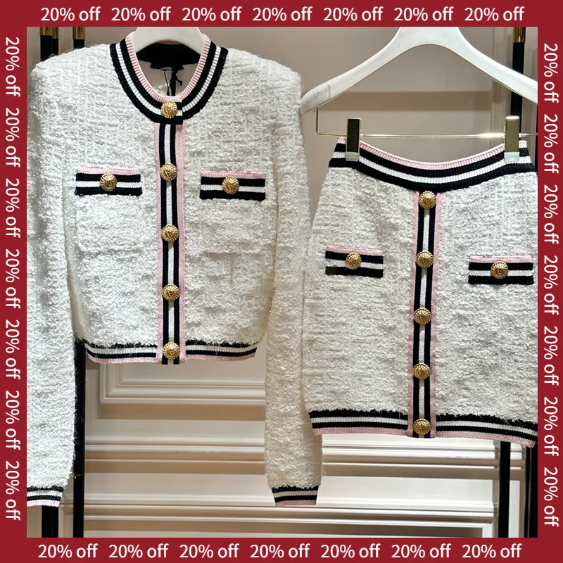 

Heidd Autumn Winter Knitted Set Small Fraance Sle Color Blo Thi Tweed Top f Skirt Faionable Women's Ensemble