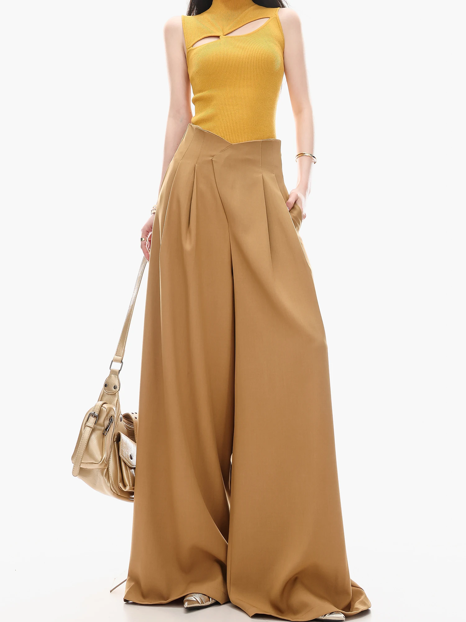 Pantalones de pierna ancha de cintura alta para mujer, pantalones holgados y fluidos hasta el suelo, ABWLR, ajuste cómodo original, color naranja amarillento, informal