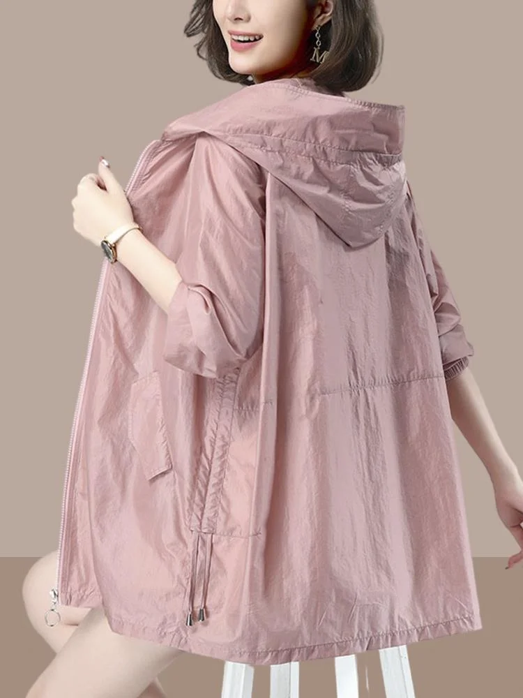

Summer 2024 Women's Mid-Length UV Protection Outerwear Loose Breathable Faionable Sunscreen Clothes Zipper Closure Long Sve