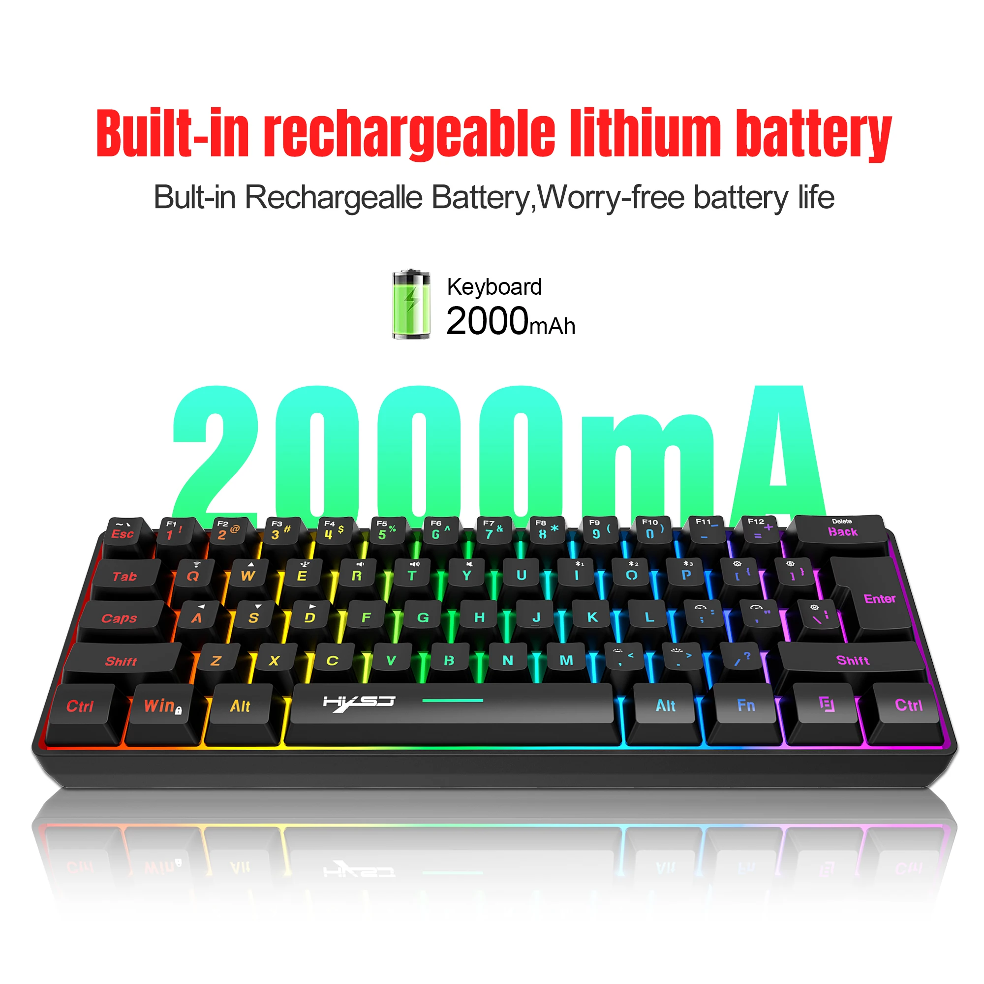 HXSJ L500 트라이 모드 유선 무선 게임용 키보드 60% RGB 백라이트 모드 게임 플레이어에 적합한 61 키 멤브레인 키보드