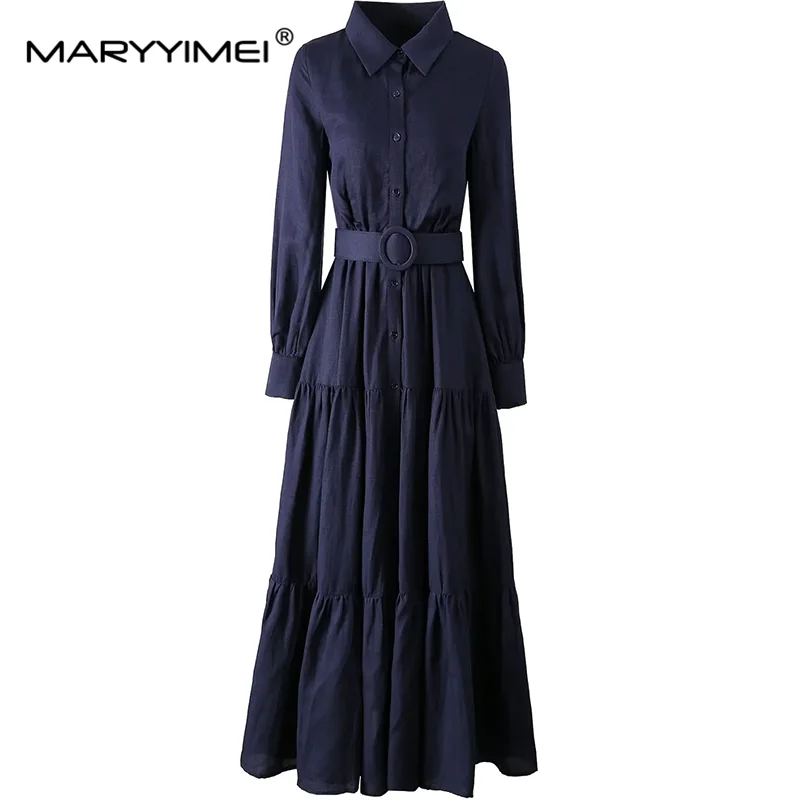 MARYYIMEI  Autumn Winter New Style Vintage Designer Women\'s Dress Turn-Down Collar Single-Breasted Lace-Up Linen Dresses