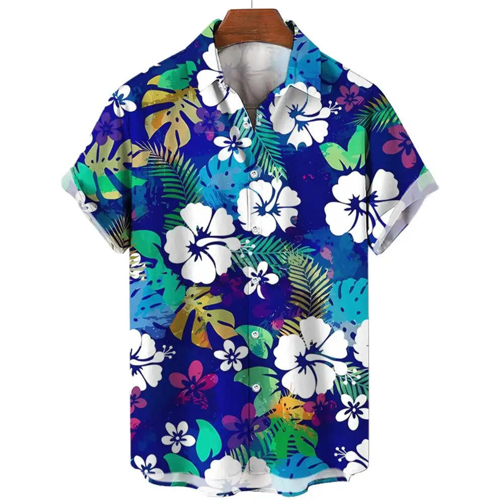 Camisa havaiana masculina, camisa casual, camisa de praia, manga curta, lapela de planta florida, roupa havaiana para férias, nova, verão