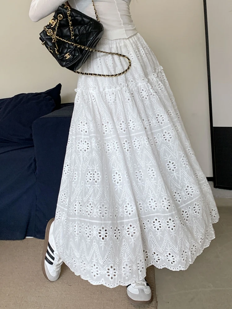 

Hollow Out Vestido Floral Embroidery Cotton Skirt Women Spring Summer White Skirt Cute Fairy High Waist A-Line Midi Long Skirts