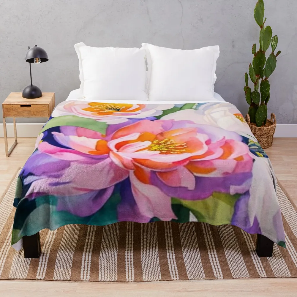 Beautiful Flowers in Watercolor Painting Throw Blanket Winter beds Softest Blankets