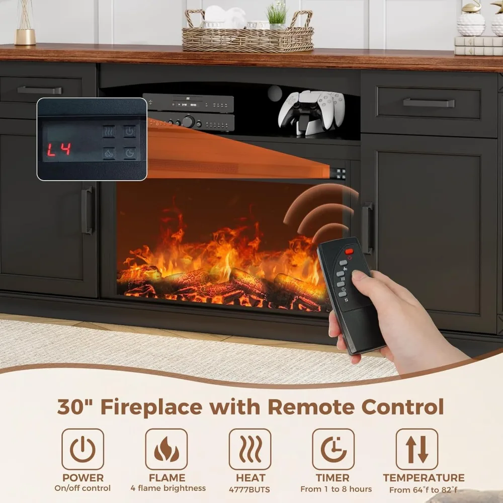 Centro de entretenimiento con chimenea eléctrica para televisores de 70 a 80 pulgadas, soporte para TV estilo granja de 32 altos con fuego eléctrico