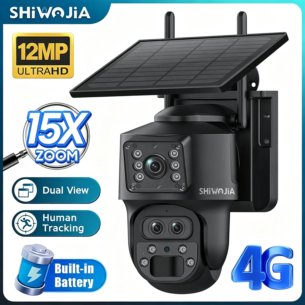 SHIWOJIA 6MP Solar 4G Dual Lens Camera Dual View 12X PTZ PIR Auto Tracking Two-way Audio IP65 Outdoor Wireless Security CCTV Cam