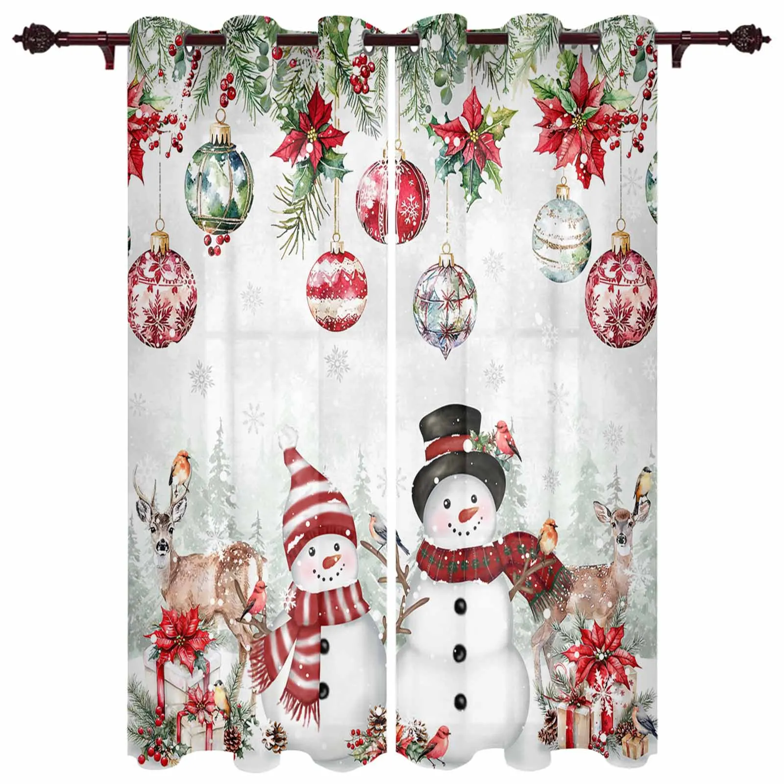 

Christmas Poinsettia Berries Snowman Elk Windows Curtains Living Room Luxury Decor Xmas Curtain Bedroom Kitchen Window Drapes