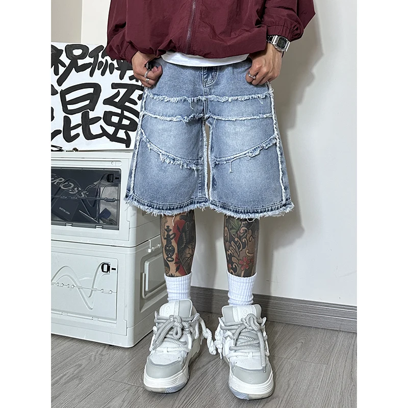 American High Street Men\'s Wide Leg Denim Shorts Summer 2023 New Fashion Casual Baggy Short Jeans Male Chic Burrs Clothes