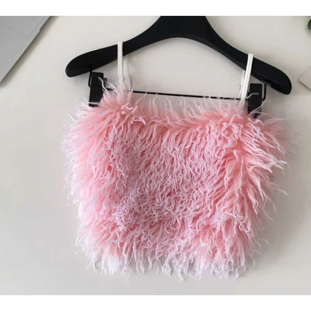 

Elegant Furry Camis Sexy Fashion Tank Top Off Shoulder Birthday Party Crop Top autumn winter Women Clothing