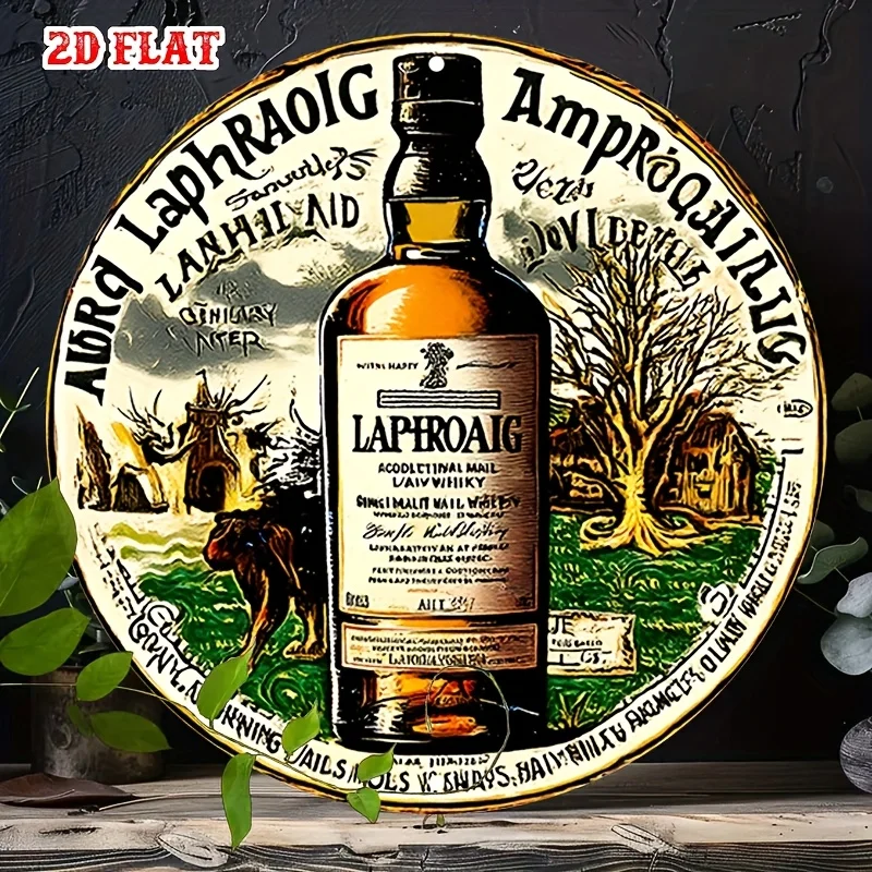 Pintura em Madeira de Alta Definição, Arte de Parede Redonda Vintage com Whisky Escocês Laphroaig Single Malt, Decoração Retrô de Garrafa de Whisky Islay